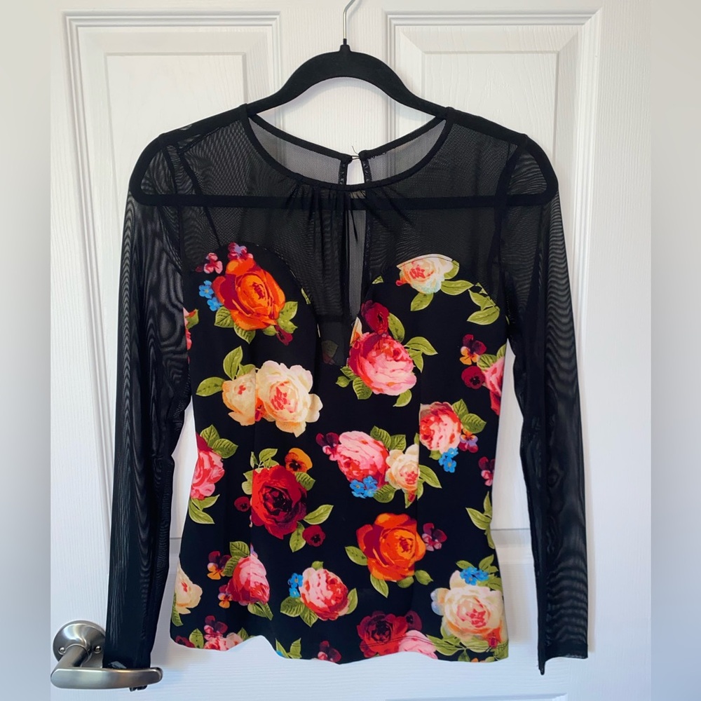 Guess Top - Black Floral Mesh Long Sleeve